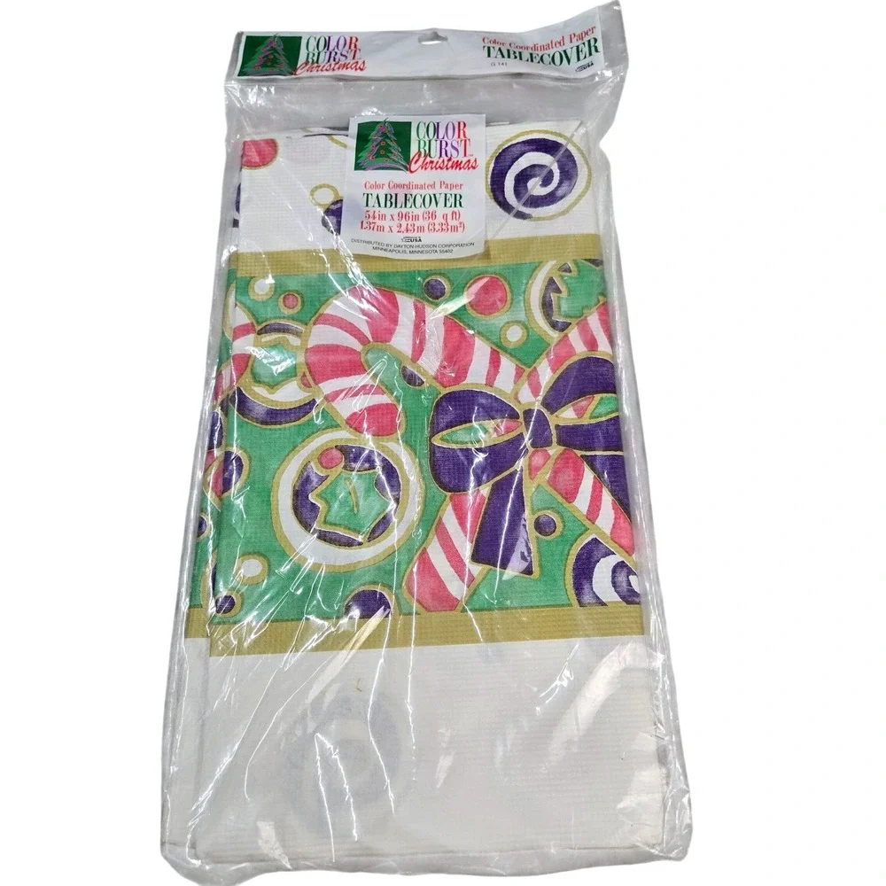 Vintage 90's Christmas 54x96 Paper Tablecover Candy Cane Holiday Decor NOS Kitch